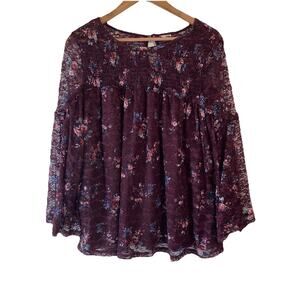Burgundy Floral Lace Babydoll Top XL Bell Sleeve Smocked Fairy Grunge Whimsigoth